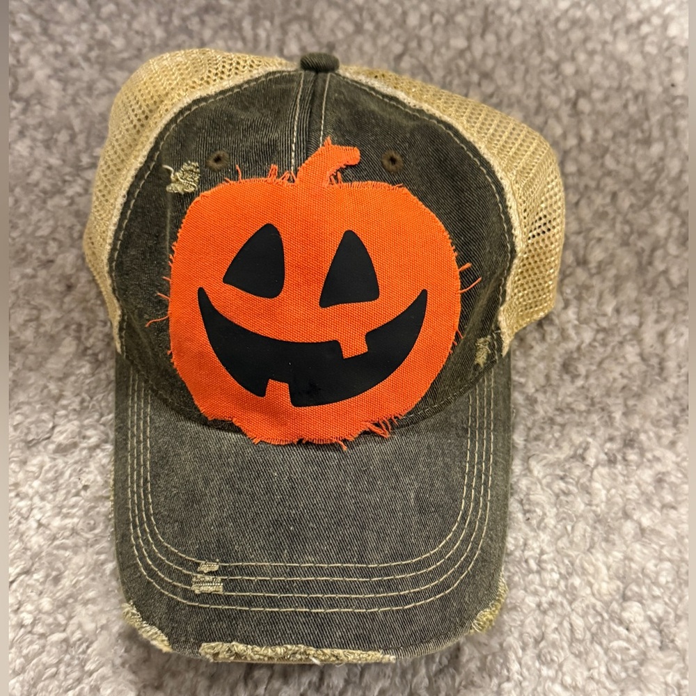 Halloween Hat Black Trucker w Orange Pumpkin Patch Distressed SnapBack Cap